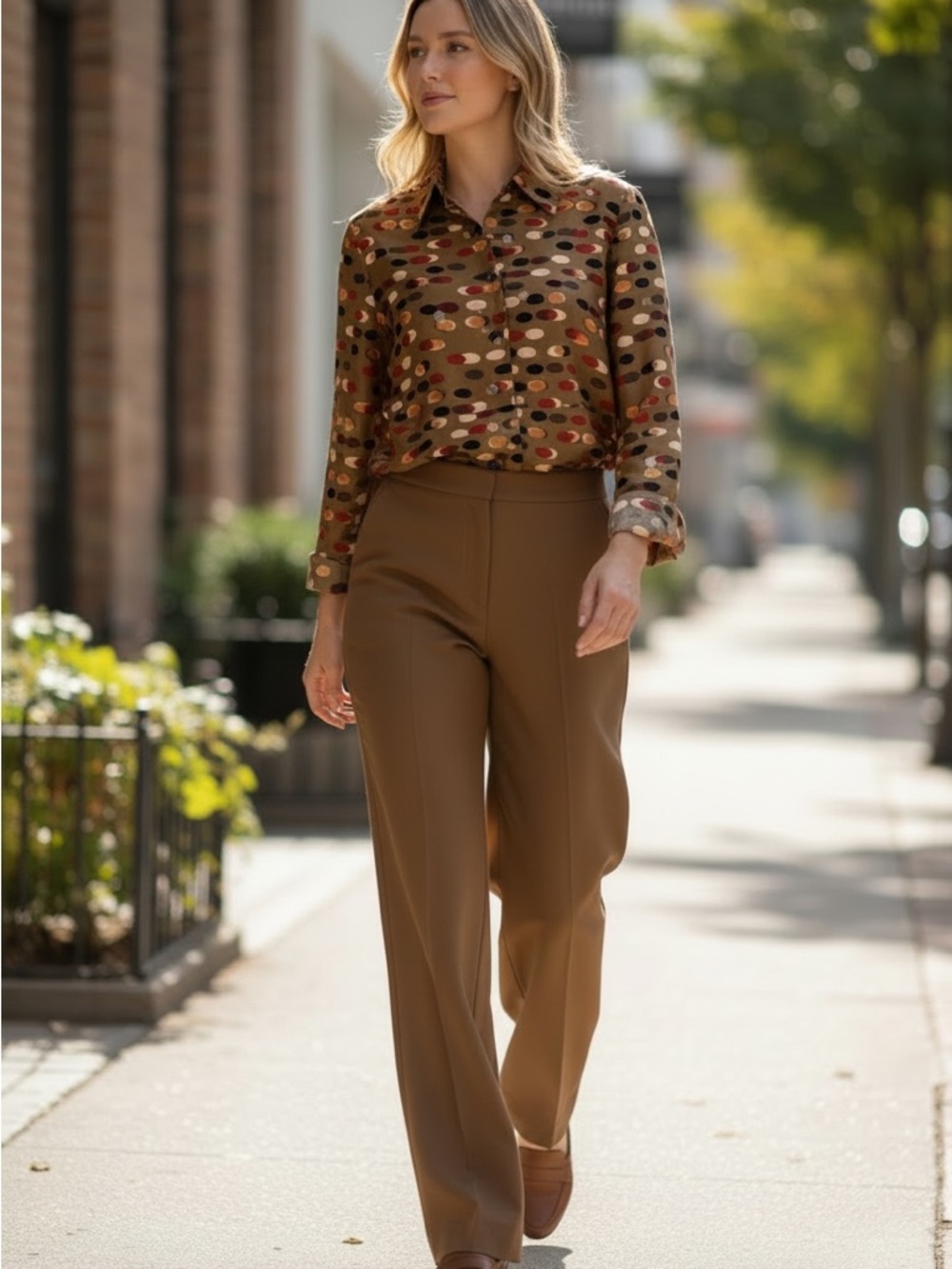 Brown Silk Button-front Blouse and Matching Pants Suit Set Size 4 Retro Vintage